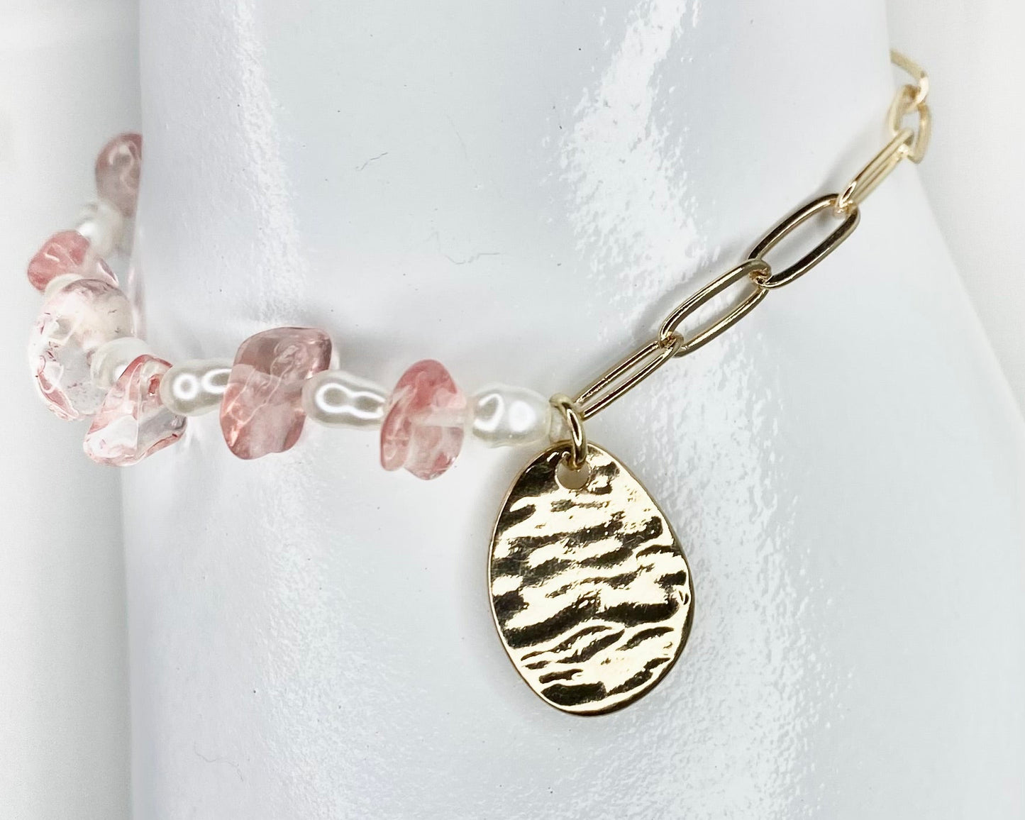 Hammered Metal Charm Natural Stone And Pearl Beaded Anklet